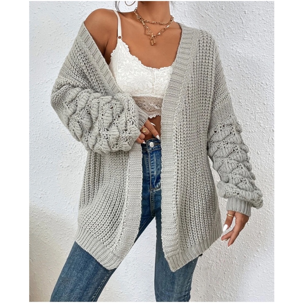 #18 Cozy Grey Open Front Pom Pom Sleeve Cardigan - Picture 4 of 5